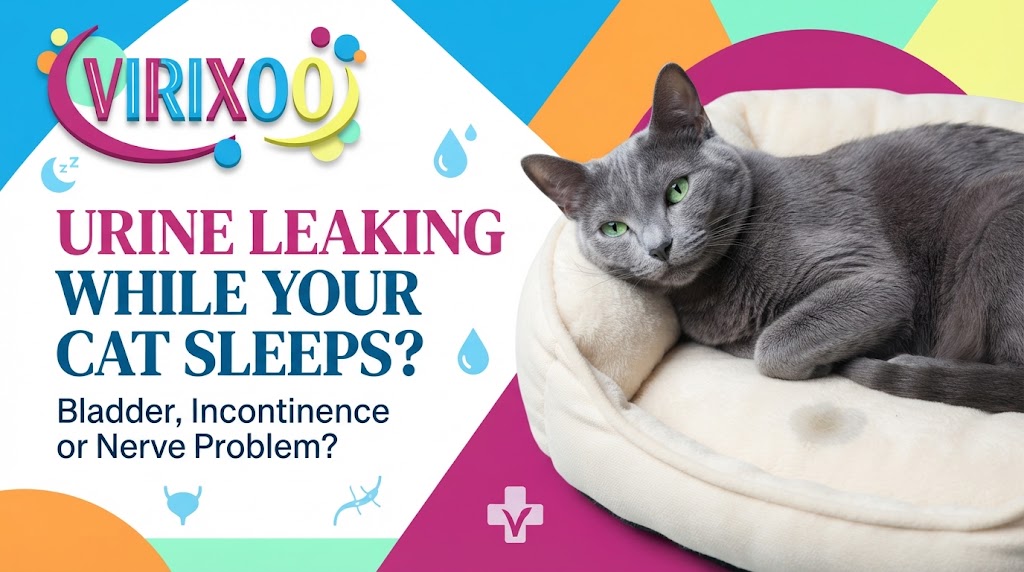 Sleeping cat on clean bedding with a small urine spot being noticed by the owner