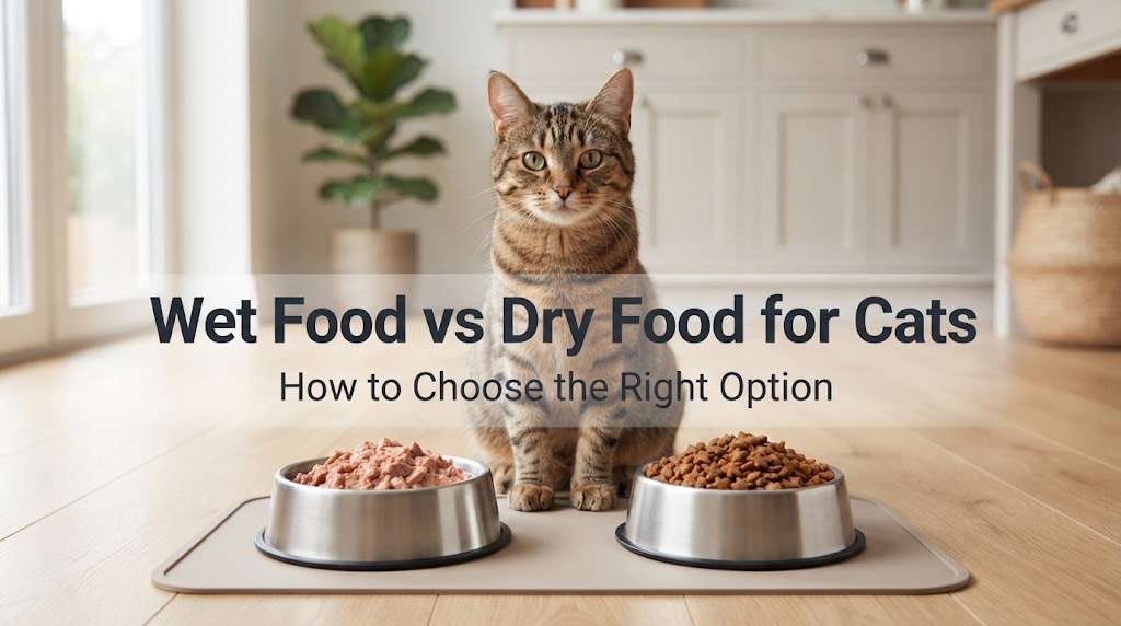 Healthy cat sitting between a bowl of wet food and a measured bowl of dry food