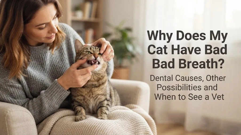 Owner gently checking the mouth area of a calm cat with suspected bad breath