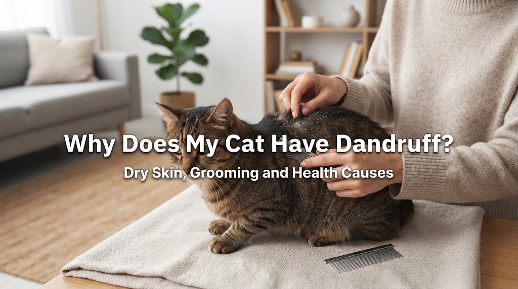 Close view of a cat coat with a few visible white skin flakes during gentle brushing