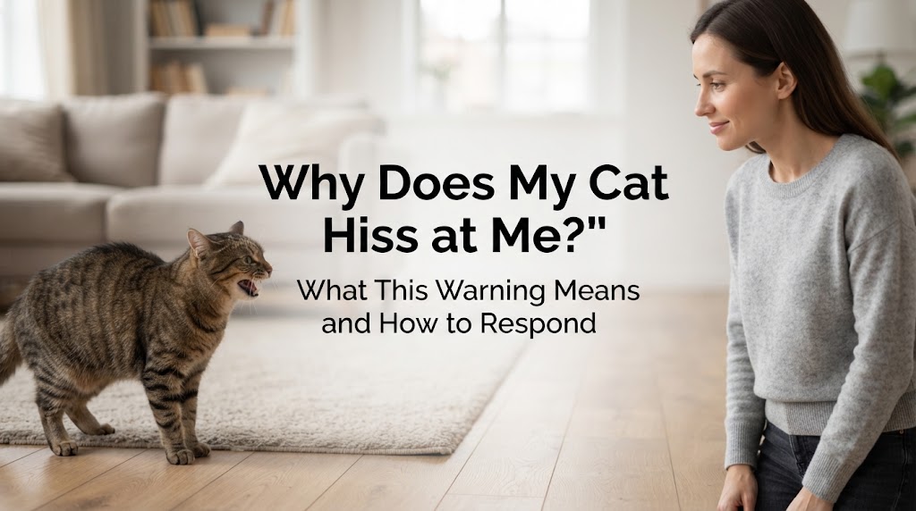 Cat giving a defensive hiss while its owner respectfully keeps distance