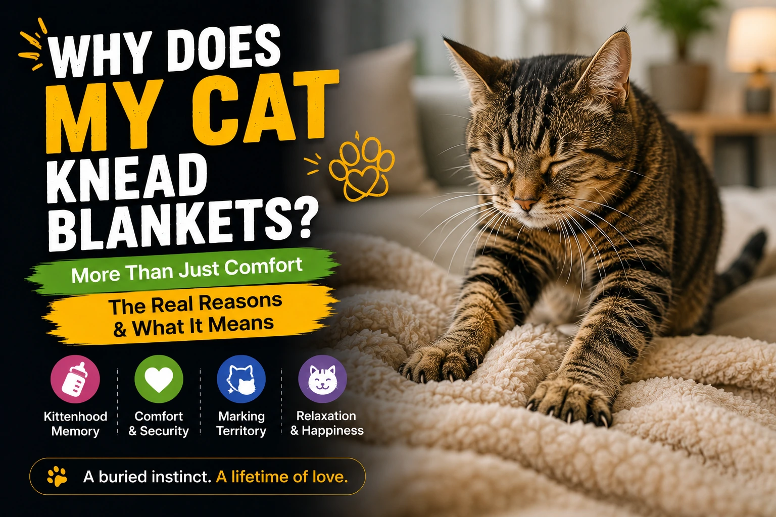 Relaxed cat kneading a soft blanket with its front paws