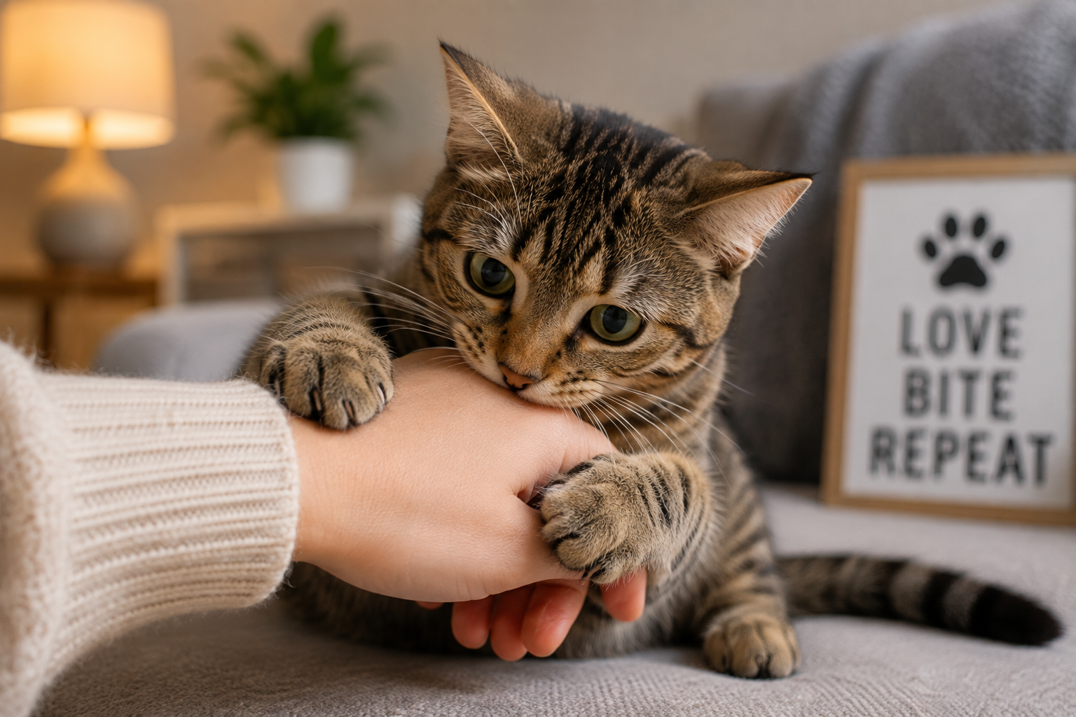 Alert cat sitting in a quiet living room at night