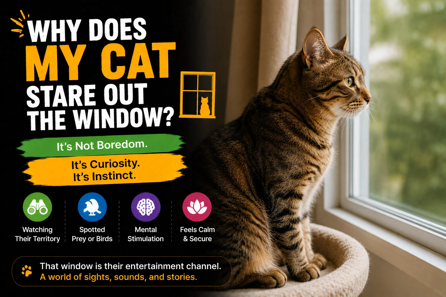 Indoor cat sitting safely on a window perch and watching outside