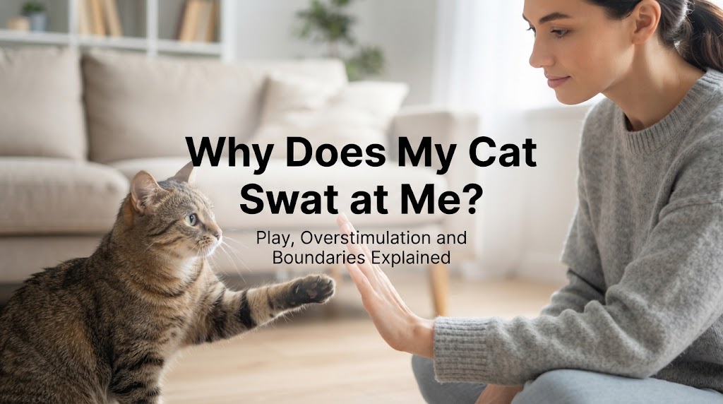 Cat lifting one paw toward an owner who pauses interaction and gives space