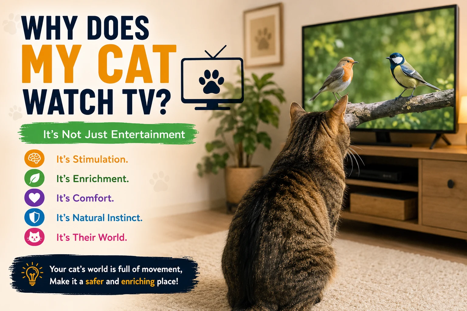 Curious cat safely watching moving images on a television