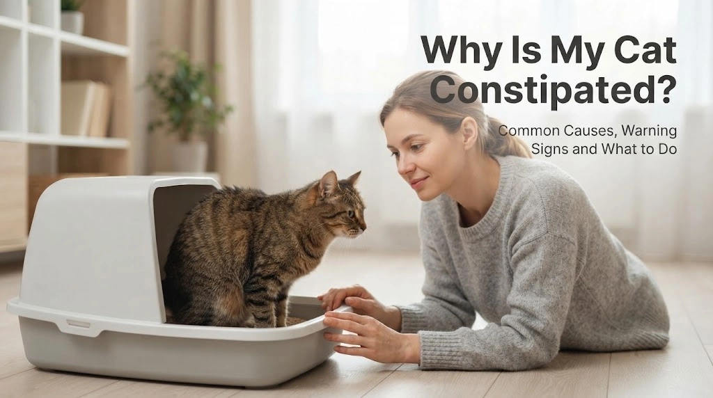 Cat using a clean litter box while its owner monitors stool frequency and comfort