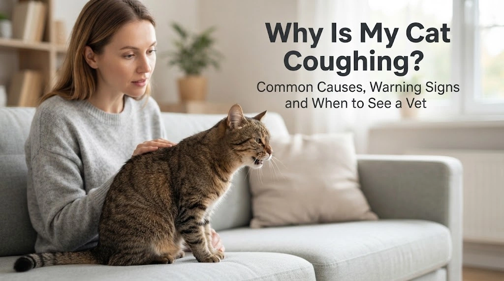 Cat in a low crouch during a brief coughing episode while its owner watches carefully