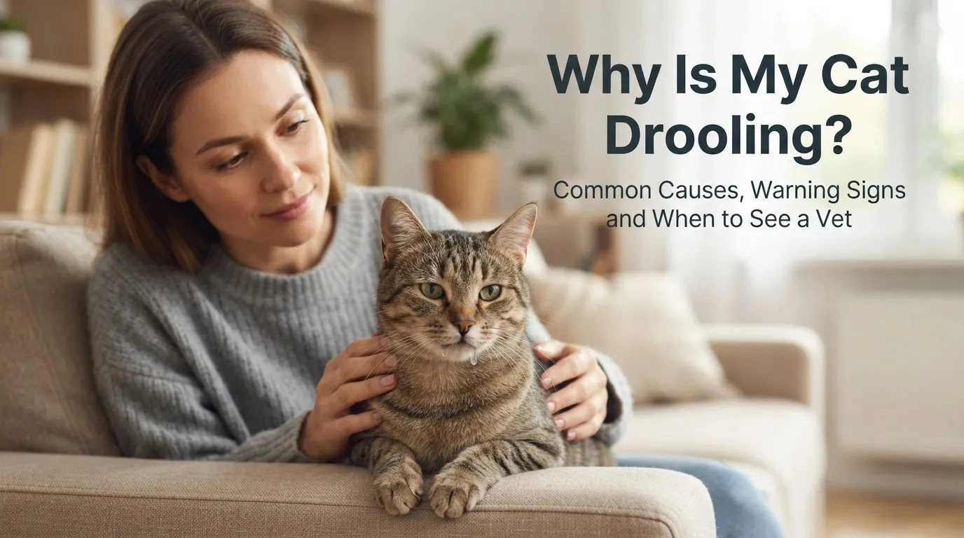 Cat with a small amount of saliva at the mouth while its owner calmly observes