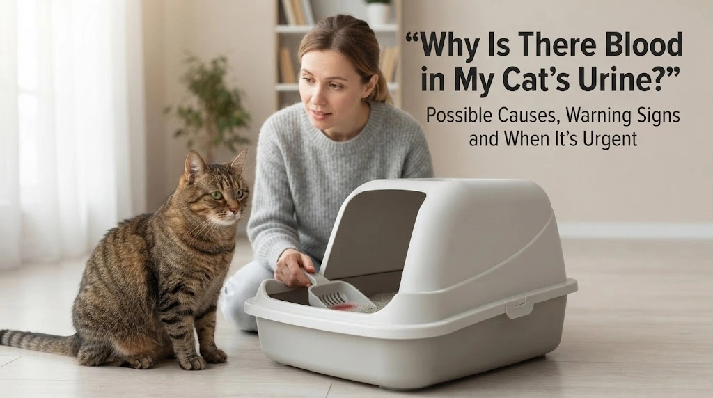 Owner noticing a pink-tinged urine spot in a cat litter box and preparing to contact a veterinarian