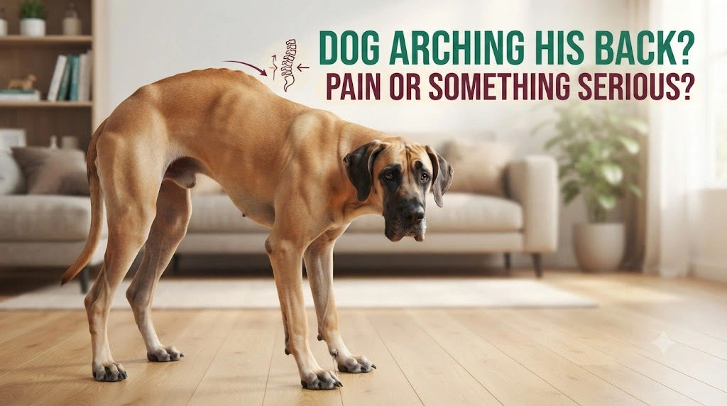 Dog standing with an unusually arched back while the owner observes movement and comfort
