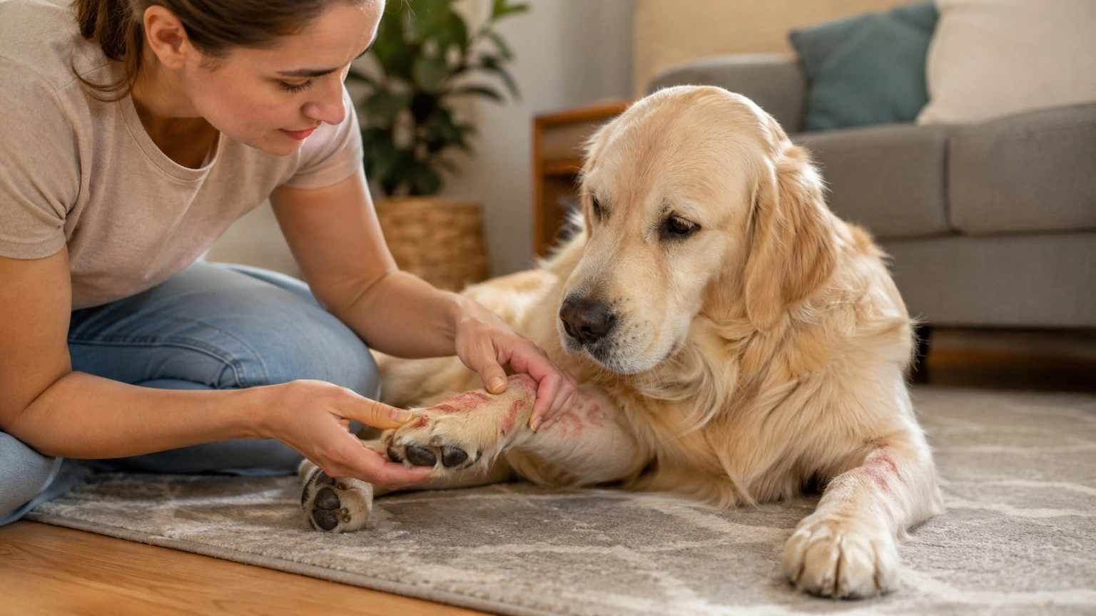 Dog resting while an owner checks paws and skin