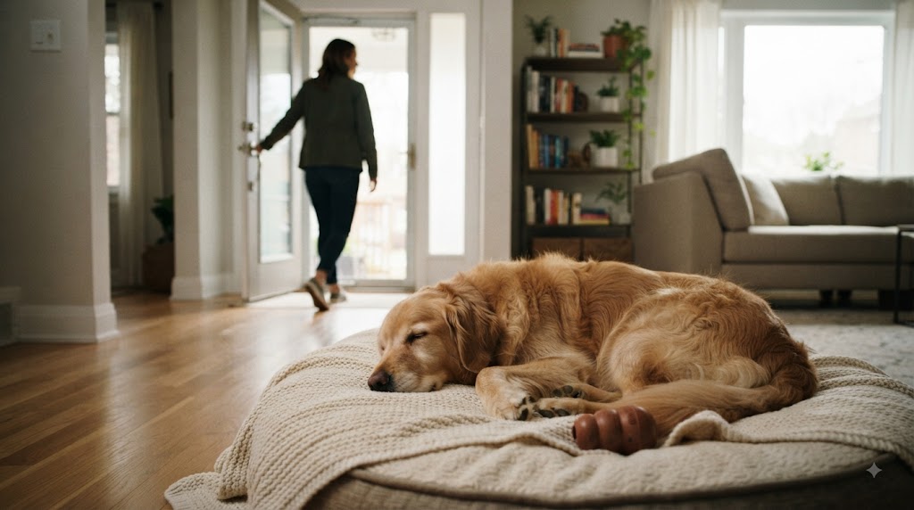 Dog resting calmly on a bed at home while alone-time training is practiced