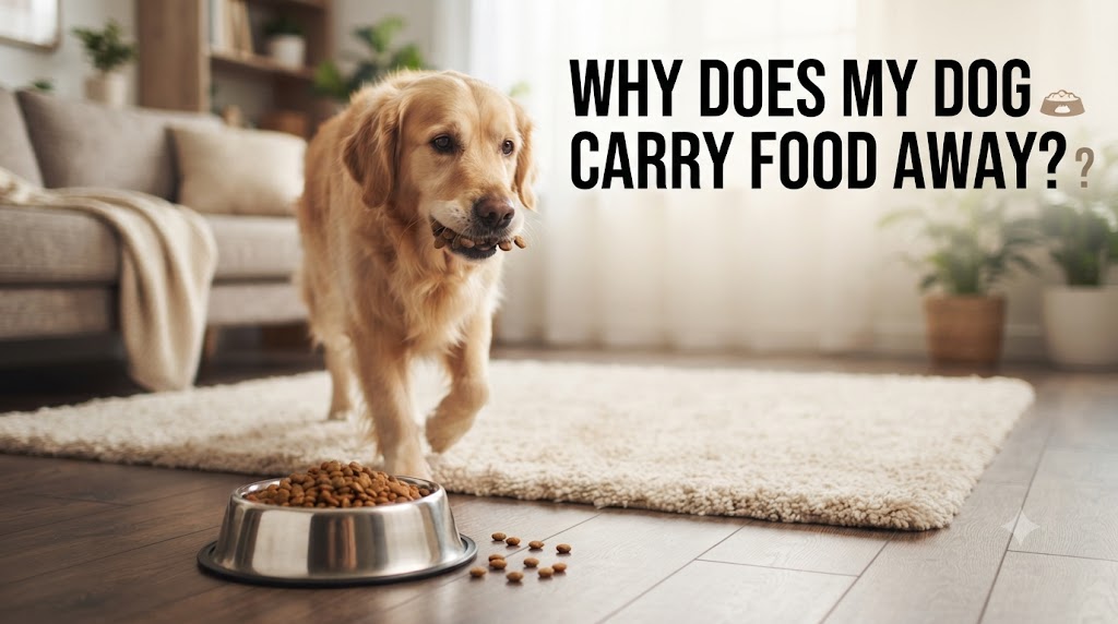 Dog carrying several pieces of kibble from a food bowl toward a quieter place to eat