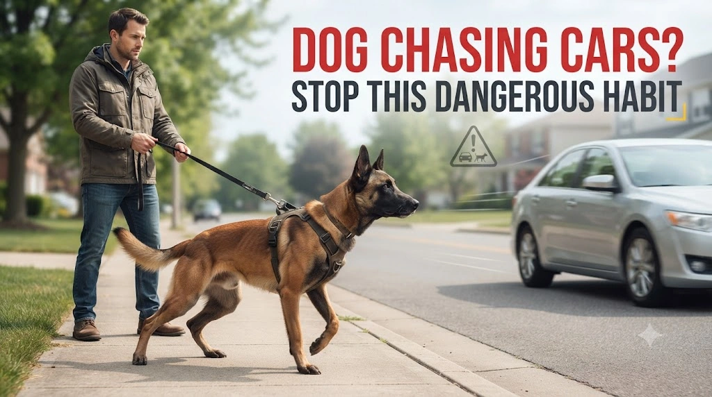 Dog walking safely on leash at a distance from moving traffic while the owner rewards calm attention