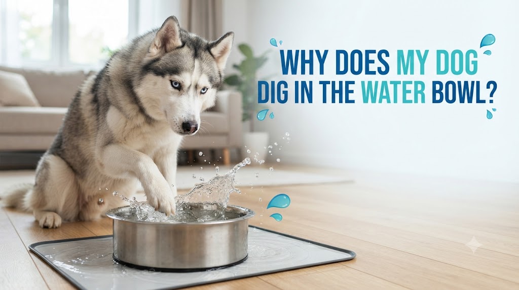 Dog pawing at fresh water in a sturdy bowl on a washable non-slip mat