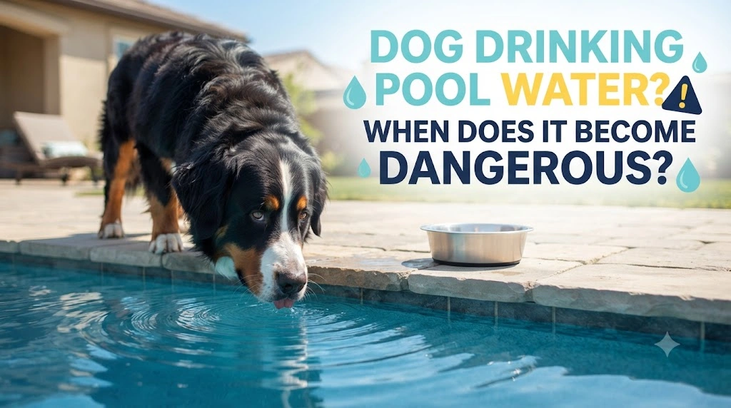 Dog standing beside a swimming pool while the owner offers a clean bowl of fresh drinking water
