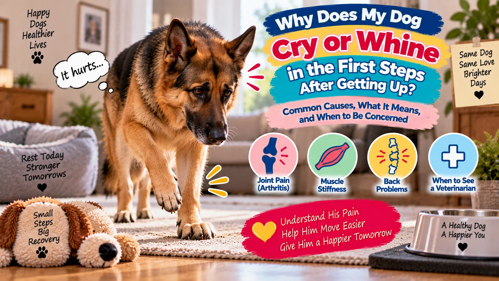 Dog repeatedly stretching with front legs extended after a meal while an owner watches for abdominal discomfort