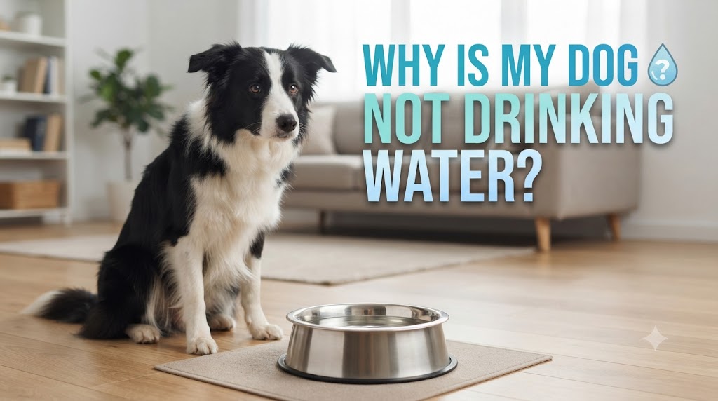 Dog resting beside a clean bowl of fresh water while an owner checks hydration and general wellbeing