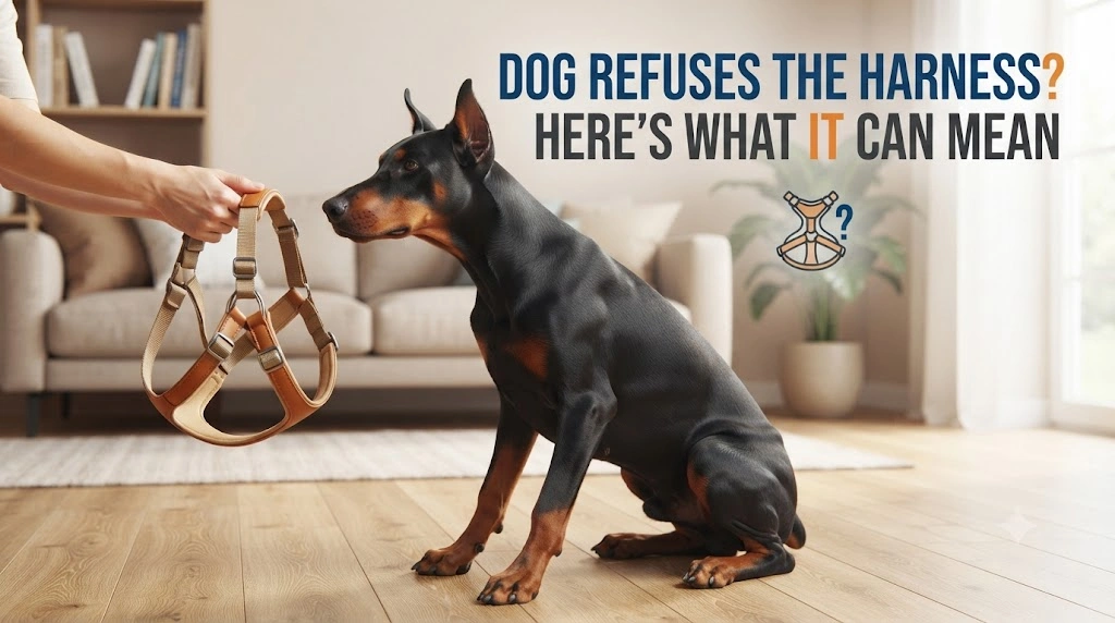 Dog calmly allowing an owner to present a comfortable harness during cooperative training