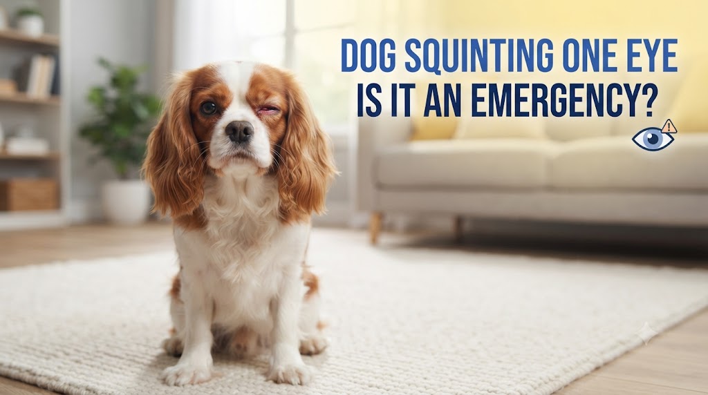 Dog holding one eye partly closed while an owner checks for redness and other signs without touching the eye