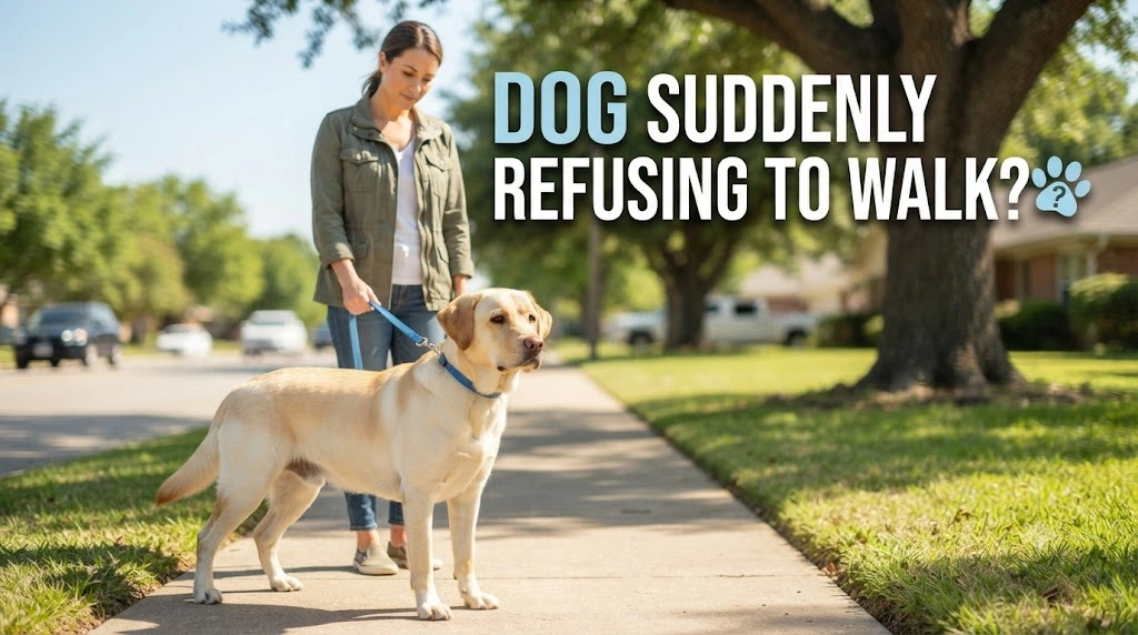 Dog standing still on a leash while the owner calmly checks for pain, fear, heat, and environmental triggers