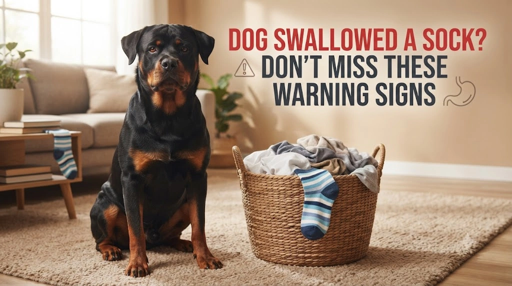 Concerned owner contacting a veterinarian after a dog swallowed a sock while the dog still appears normal
