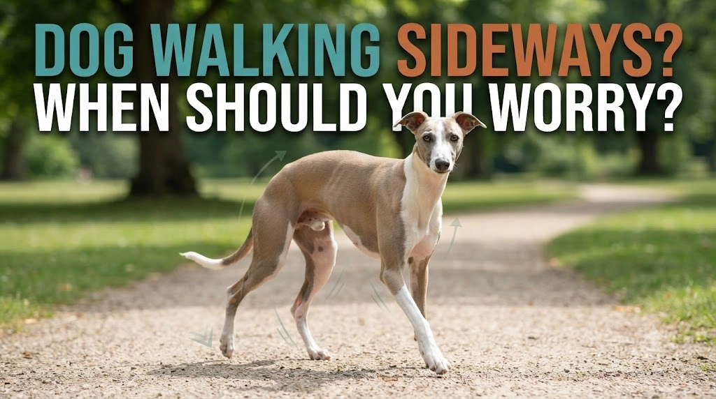 Dog walking with a slightly sideways body position while the owner observes balance and limb movement