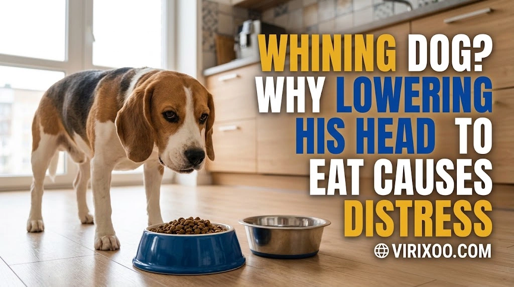 Does My Dog Whine When Lowering His Head to Eat while an owner observes the dog calmly for relevant changes
