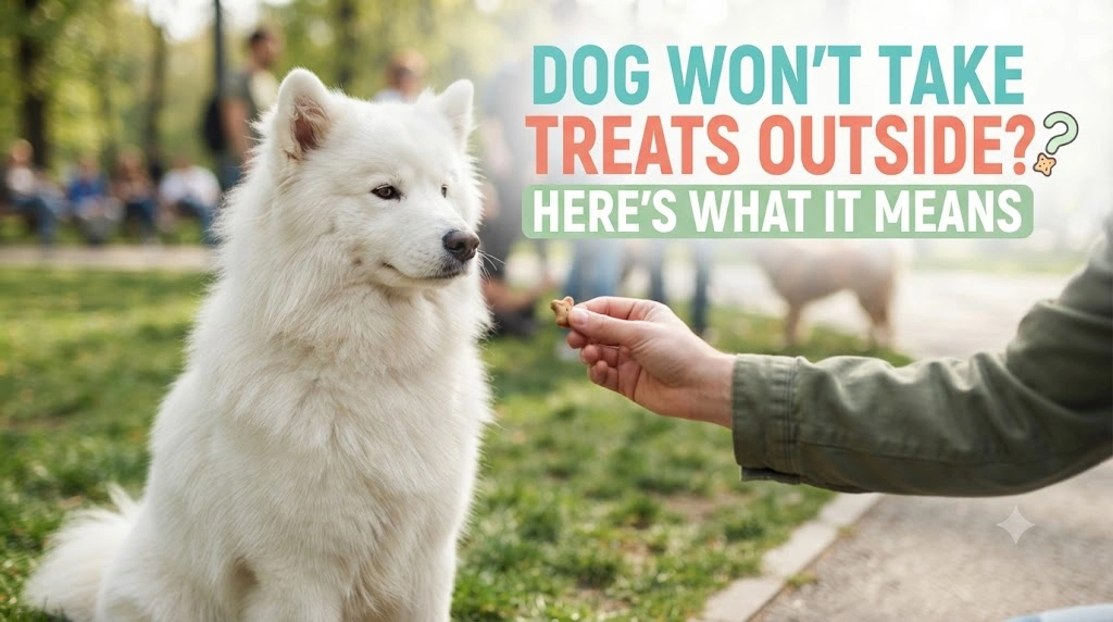 Dog calmly taking a treat outdoors at a comfortable distance from distractions