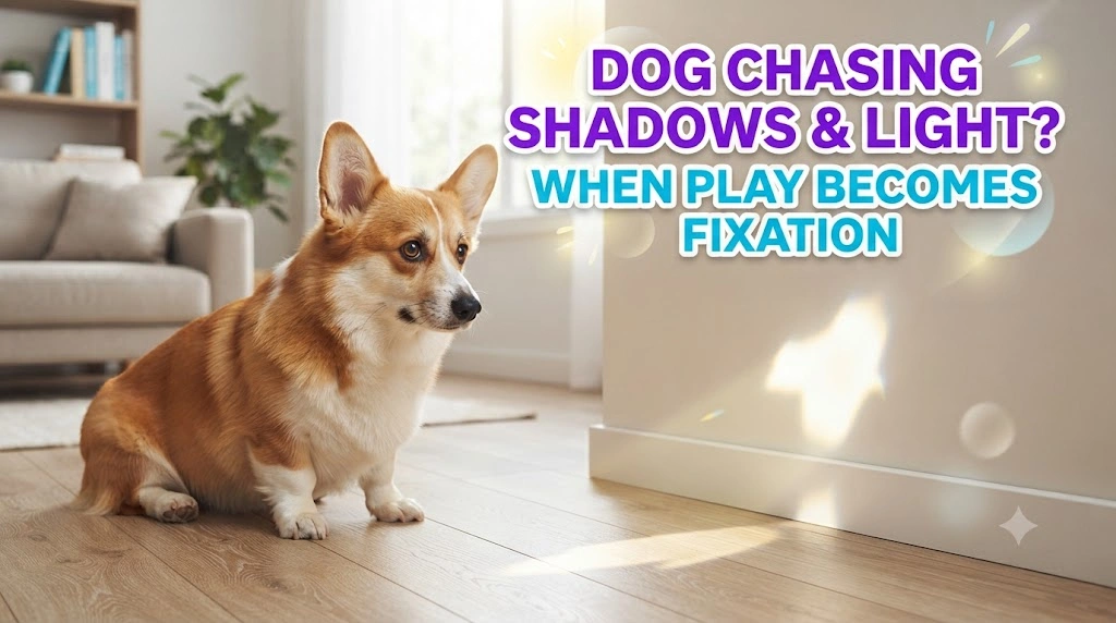 Dog watching a moving light reflection while the owner redirects attention to a calm enrichment activity