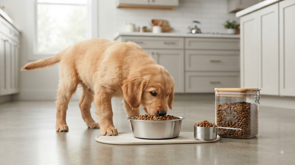 Puppy eating an appropriate measured portion from a clean bowl