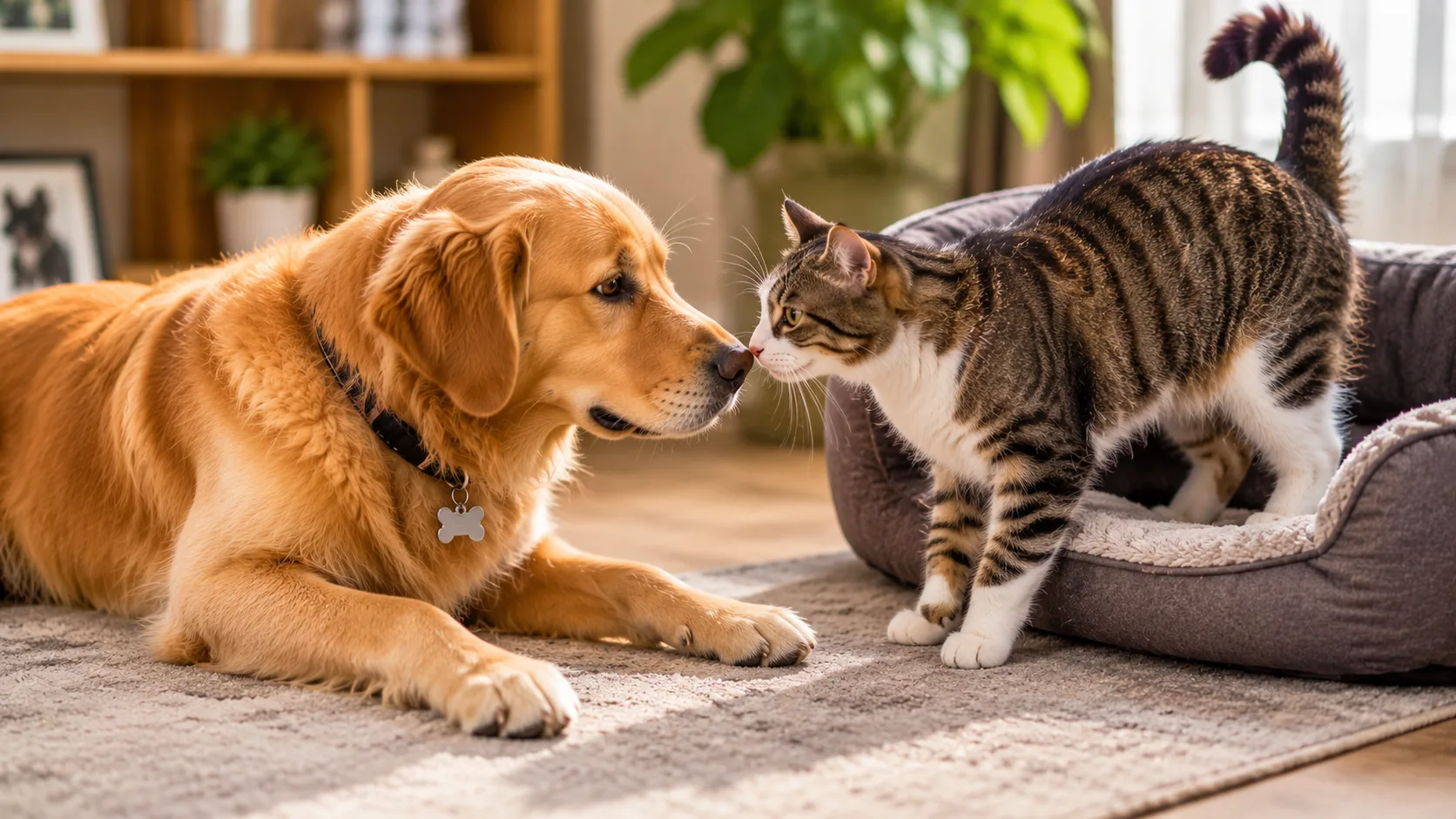 Calm dog and cat observing each other from a safe controlled distance