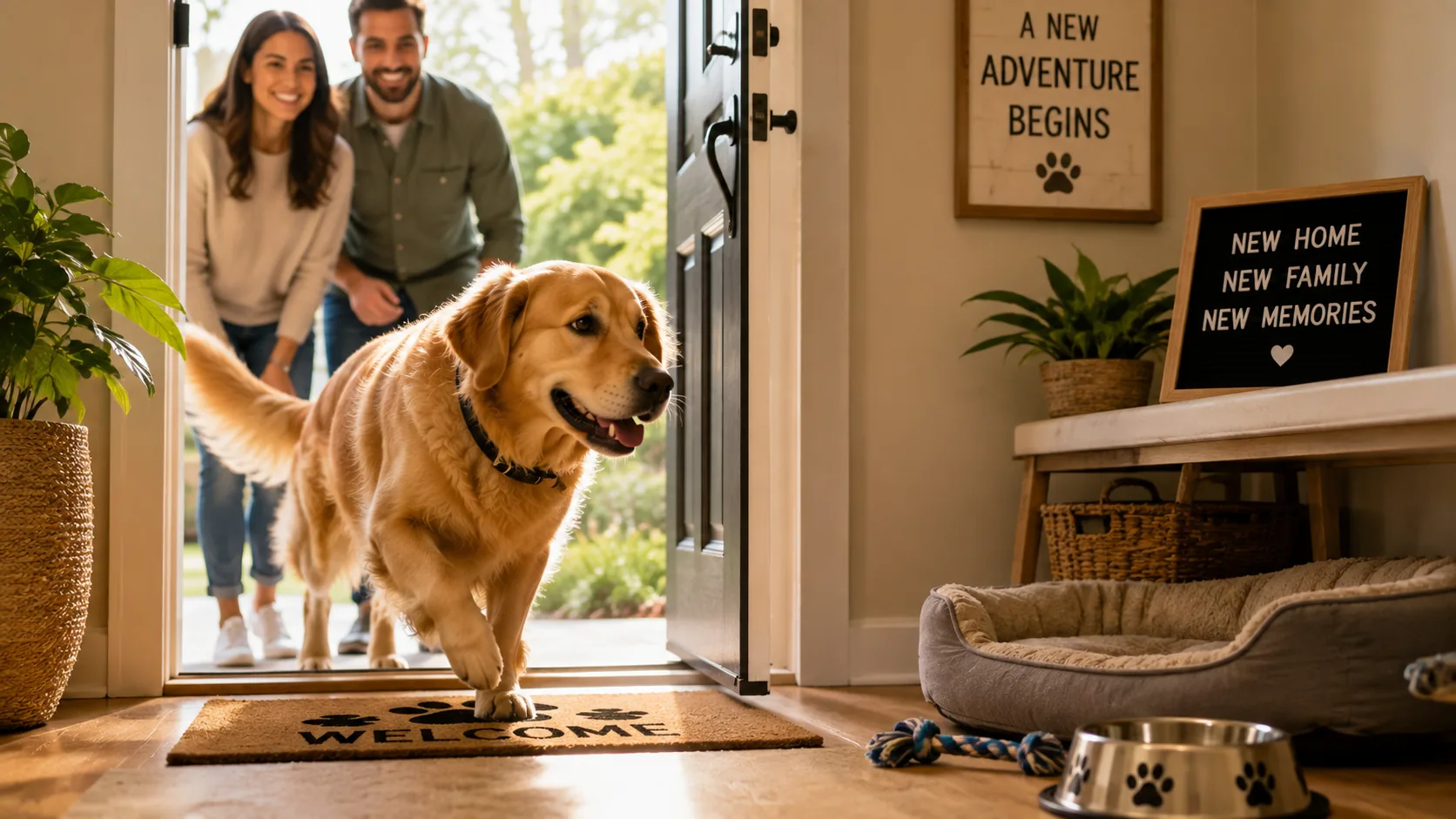 New dog calmly exploring a quiet home while its owner gives space