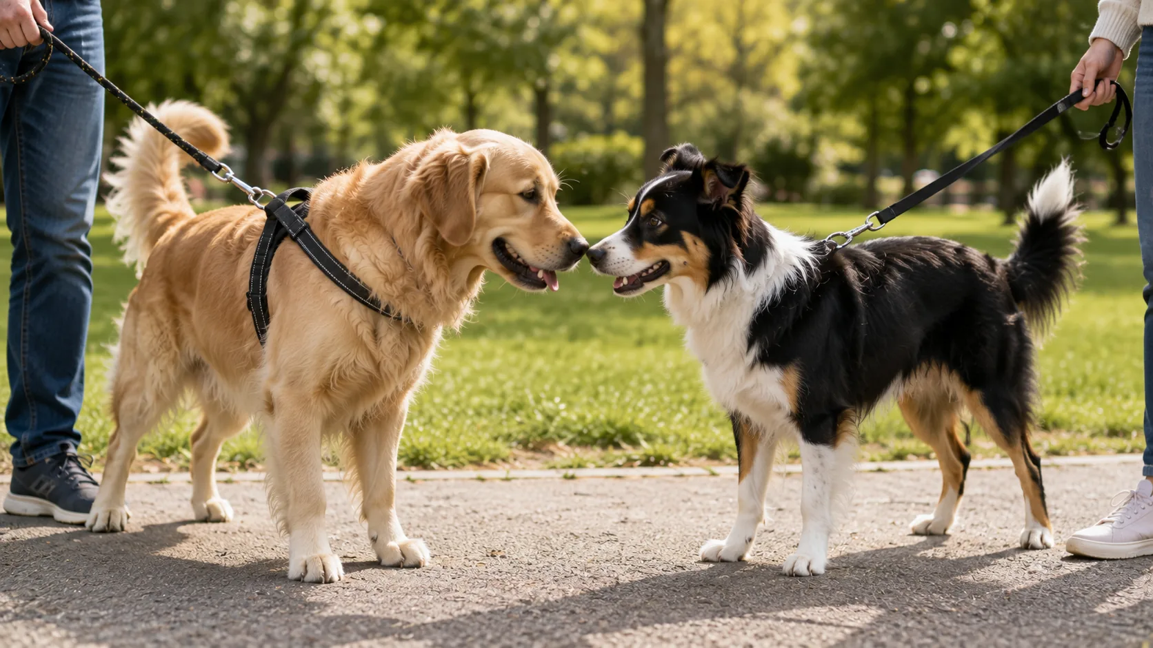 Two relaxed dogs walking parallel on leashes with their owners outdoors