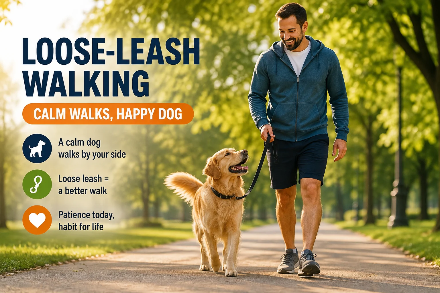Dog walking beside an owner on a loose leash in a quiet outdoor area