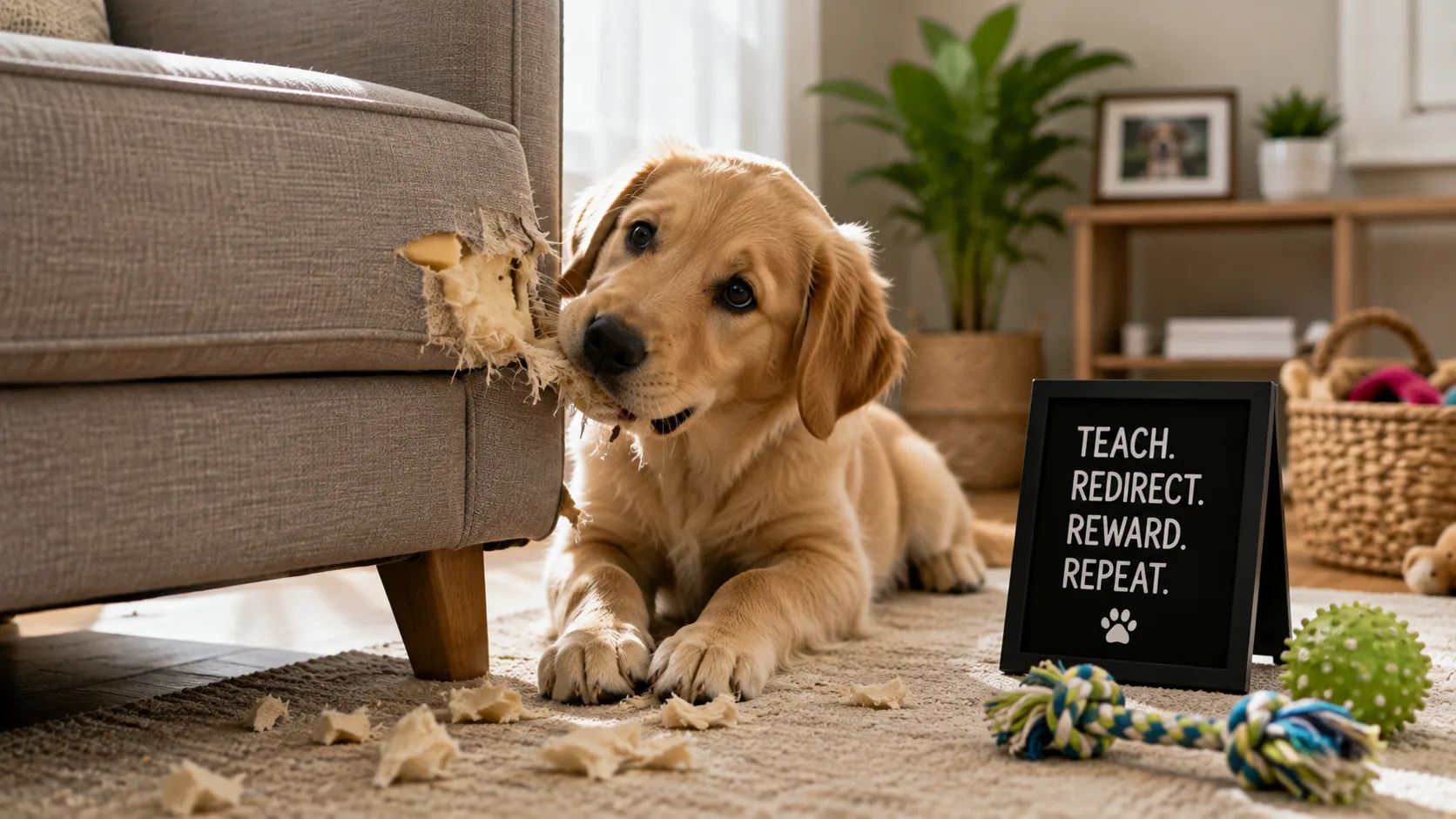 Dog choosing a safe chew toy beside intact household furniture