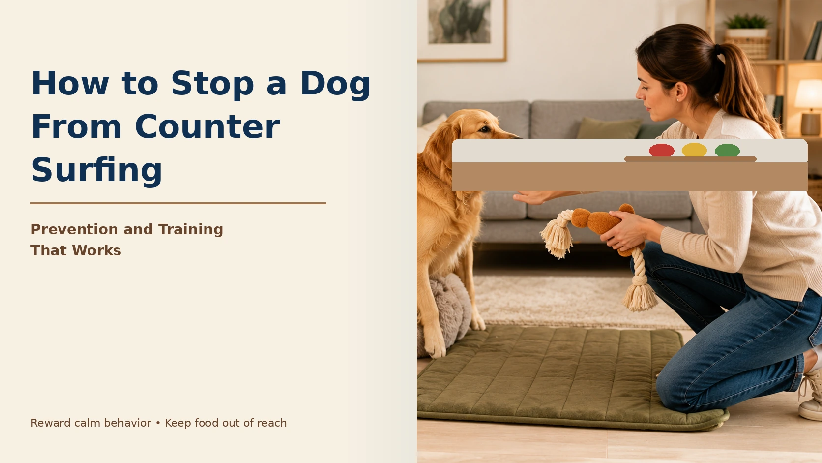 Dog relaxing on a mat away from the kitchen counter while its owner prepares food
