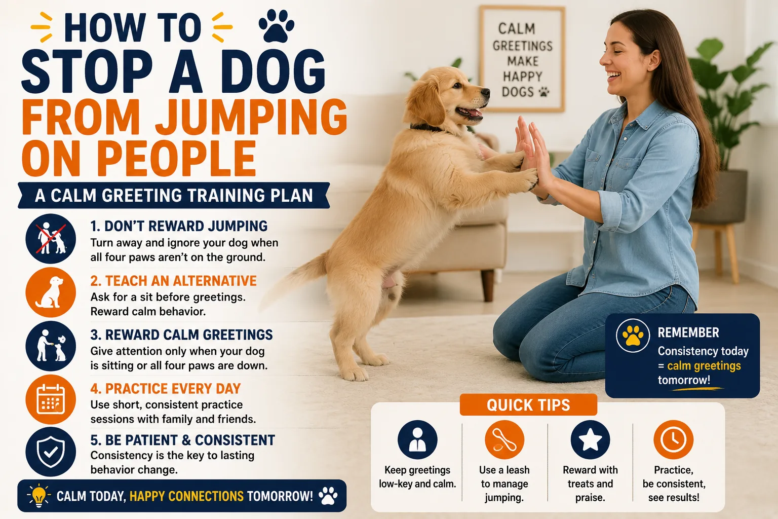 Dog standing calmly with four paws on the floor while greeting a visitor