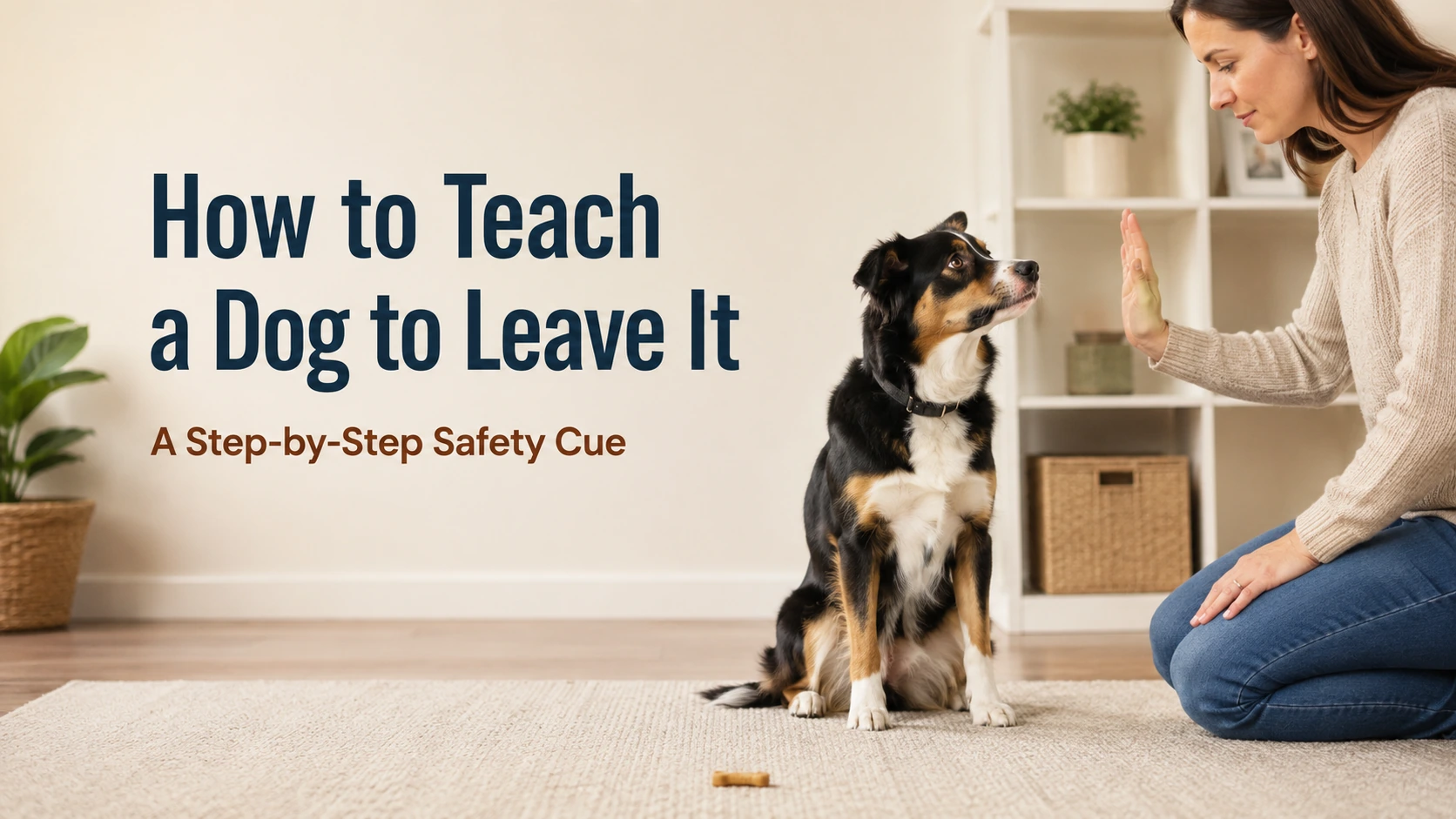 Dog calmly ignoring a treat on the floor while an owner rewards attention and self-control