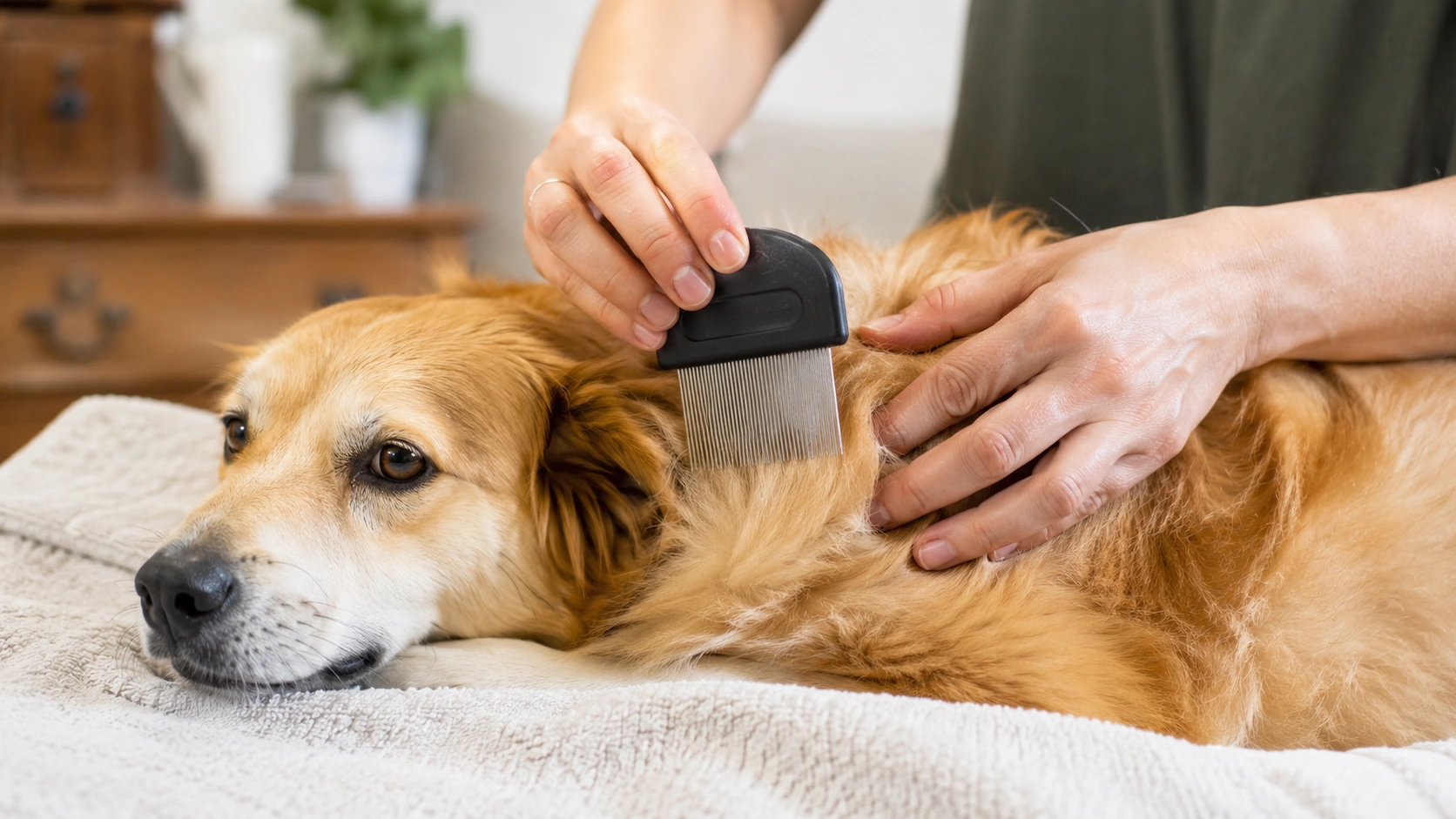 Owner using a flea comb on a dog's coat over a light towel