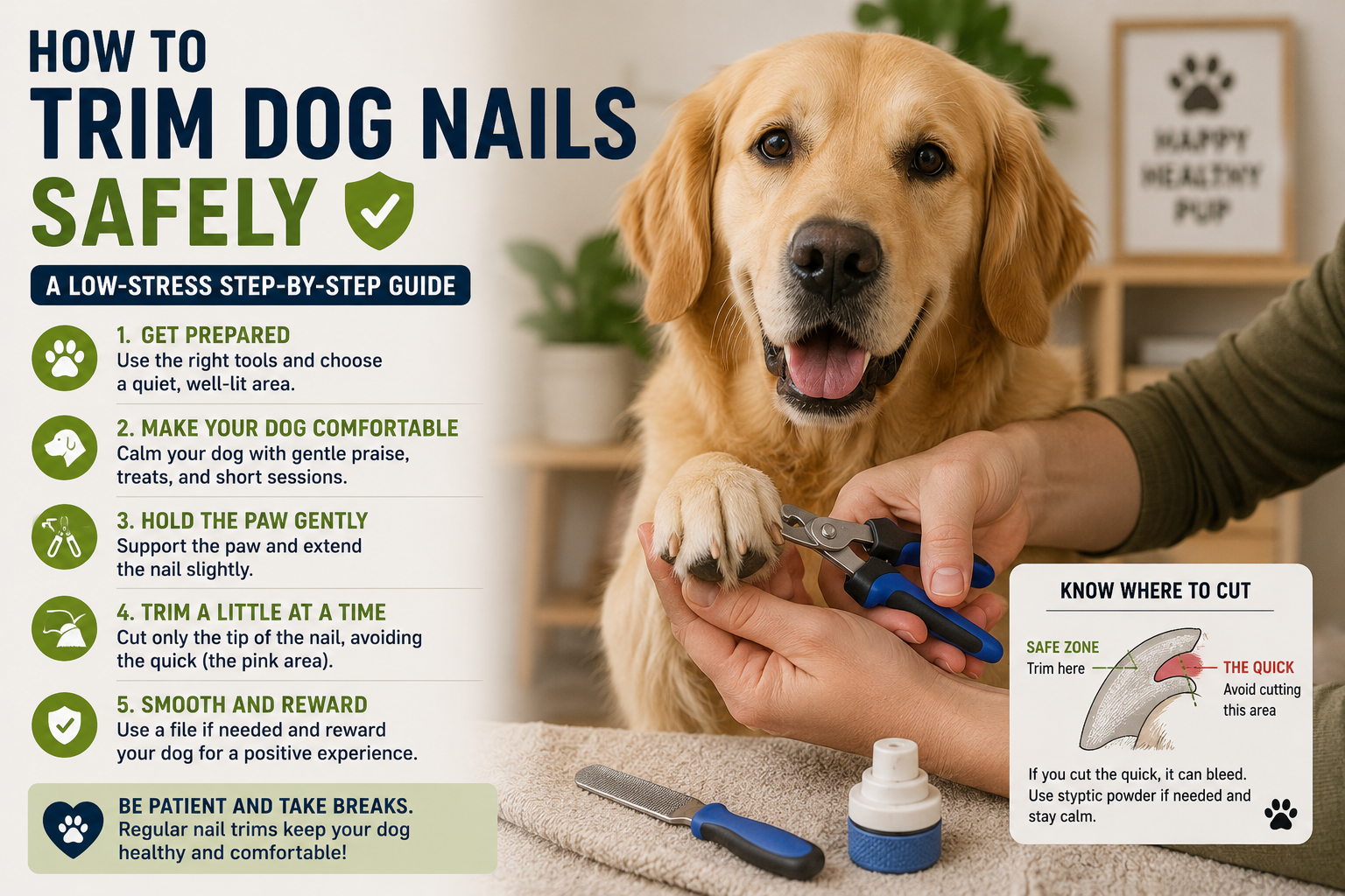Calm dog having one nail carefully trimmed with pet nail clippers