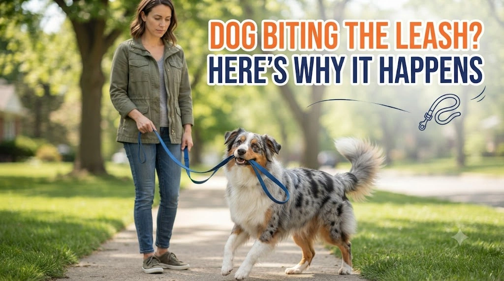 Dog walking calmly beside an owner after being redirected from biting the leash