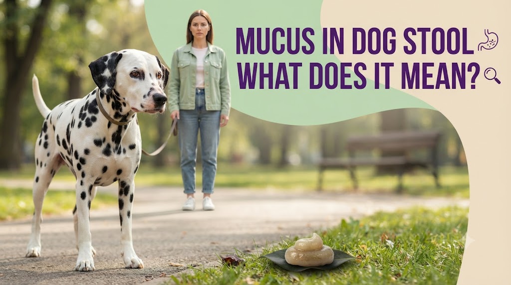 Owner observing a dog's stool outdoors for mucus, color changes, and other digestive warning signs