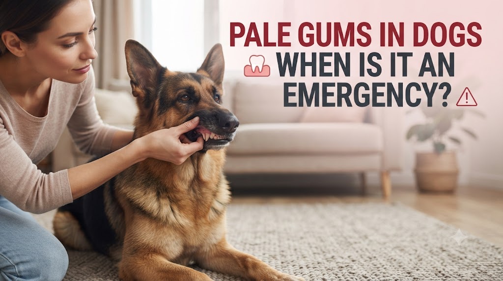 Owner gently checking a dog's gum color in natural light while watching for weakness and other emergency signs