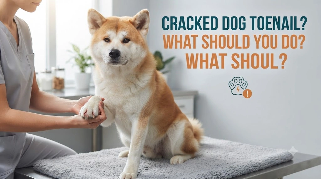 Dog with a cracked toenail being gently examined while the paw is kept still