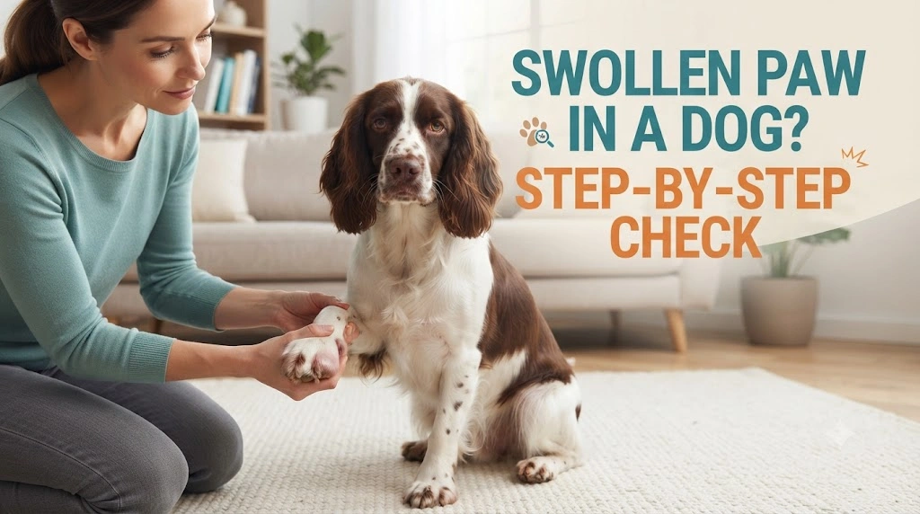 Dog with one mildly swollen paw being gently inspected for a sting, nail injury, cut, or foreign object