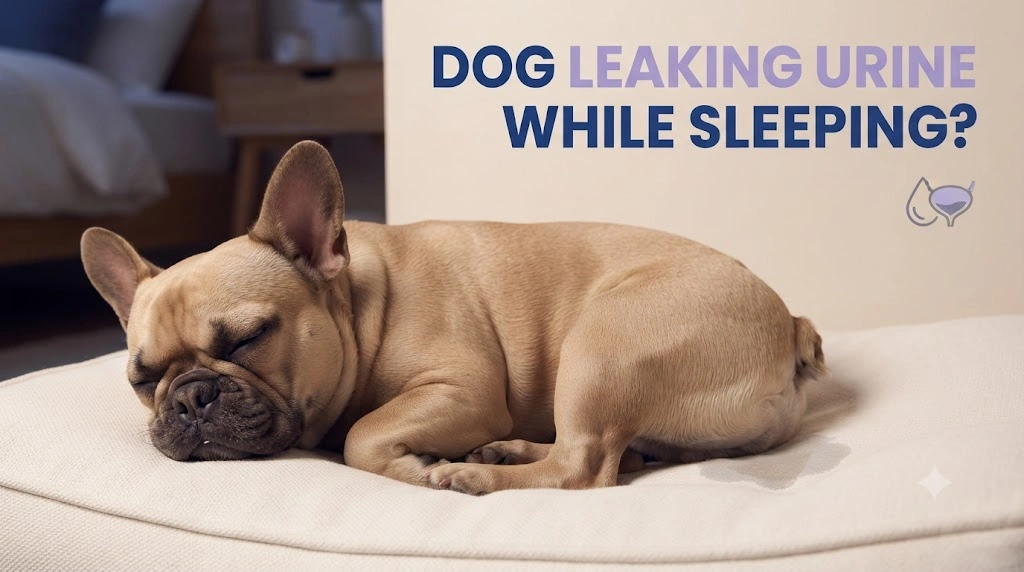 Dog resting on a washable bed while the owner notices a small urine leak during sleep