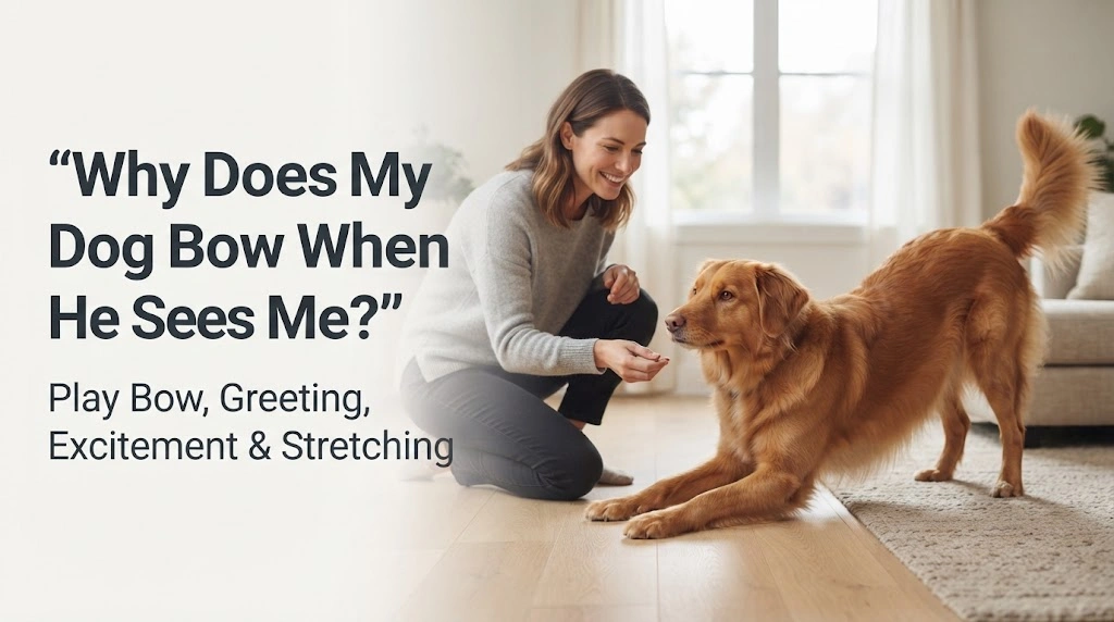 Happy dog offering a relaxed play bow toward its owner during a greeting