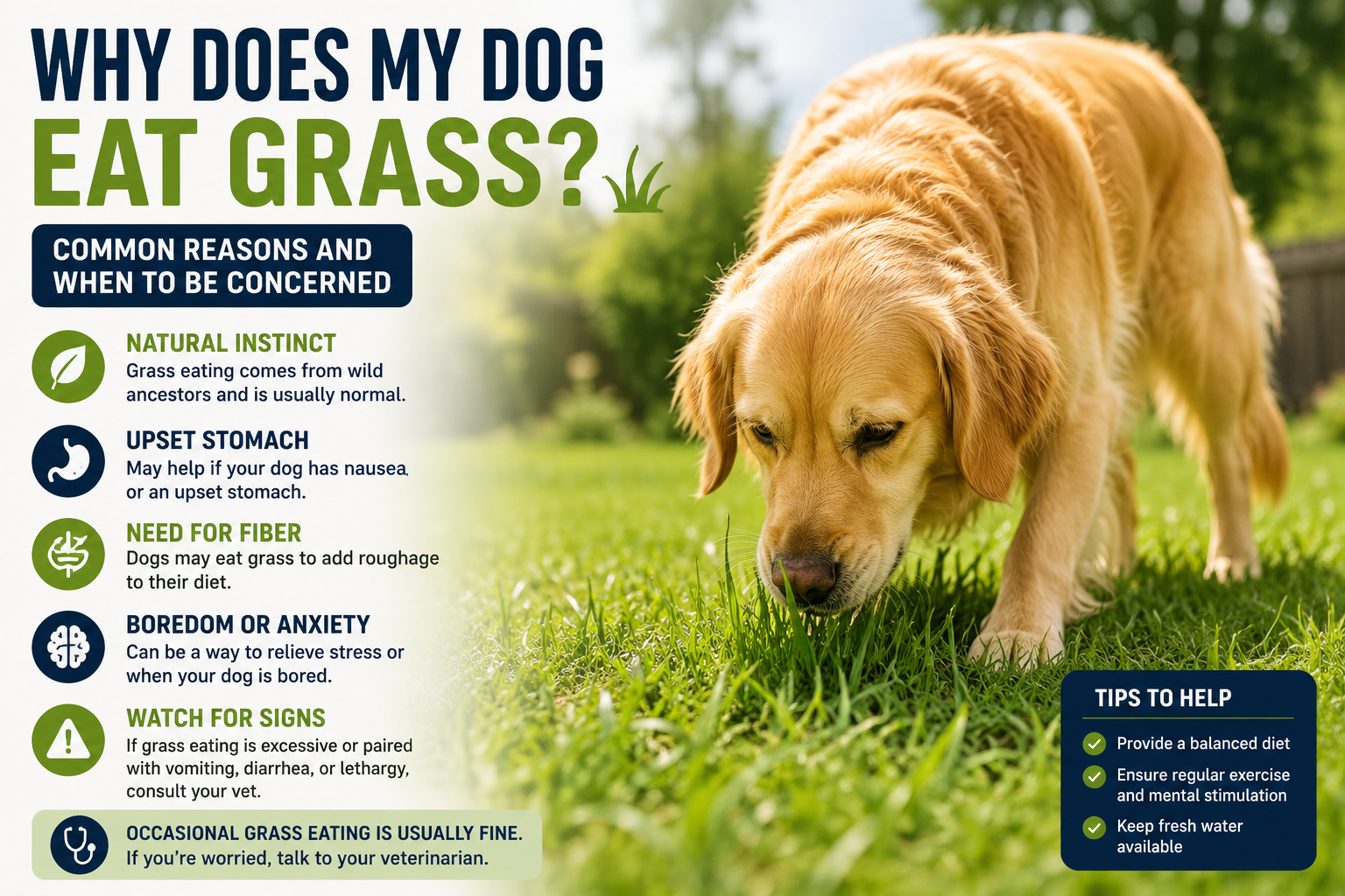 Dog sniffing and nibbling clean untreated grass during a walk